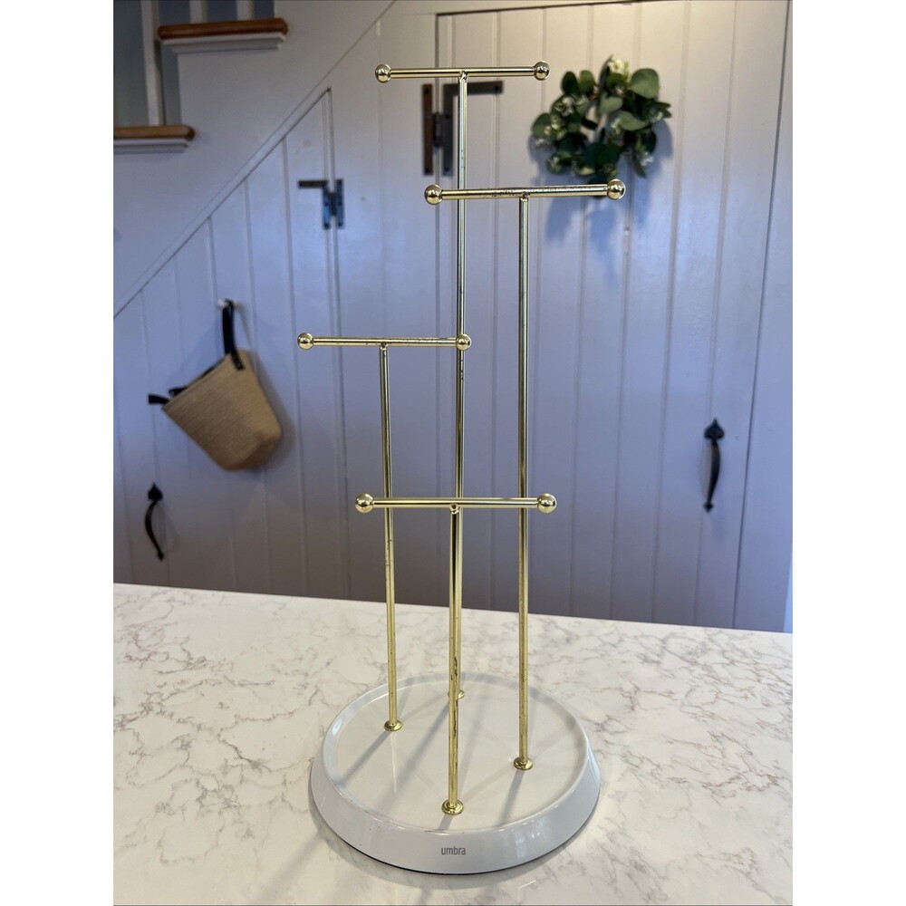 Umbra Hanging Jewelry Display Stand Necklace Organizer, Gold & White, Holder